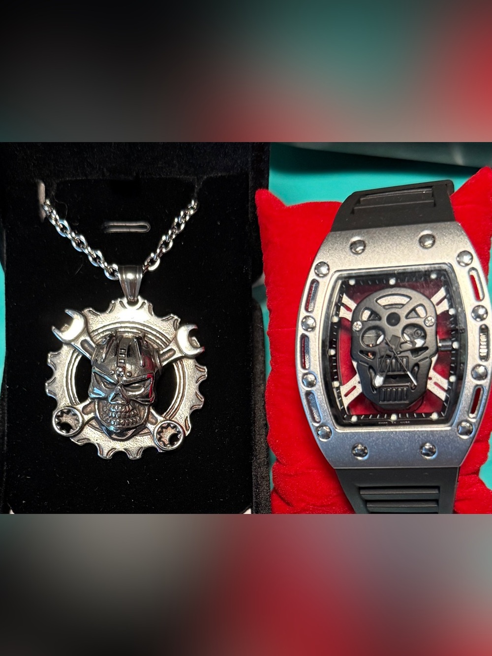 Floating Sterling Silver Skull Watch & Pendant Necklace